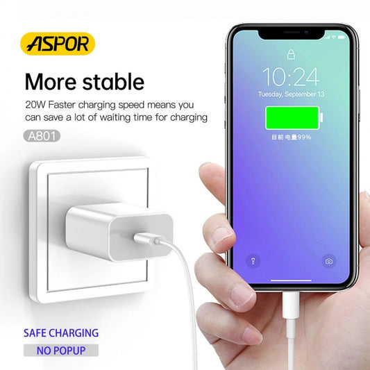 ASPOR A801 New 20W Fast Charging US PIN Quick Charge Charger For Mobile Phone