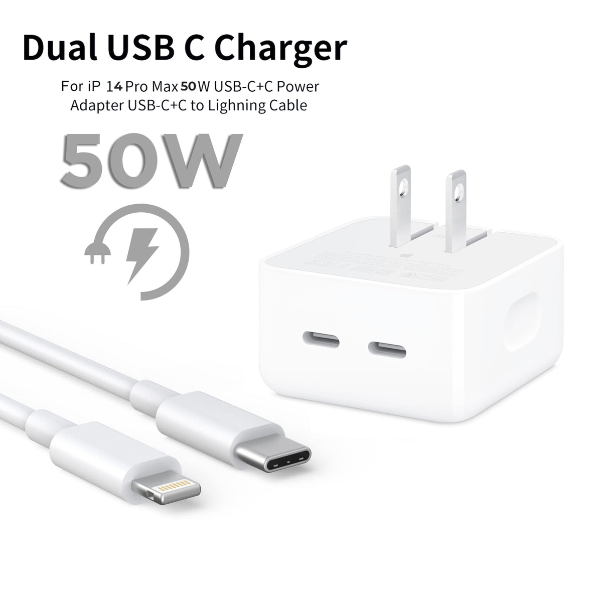 Iphone 14 Pro 2 Pin (Us Pin) 50w Usb-C+C Power Adapter With Usb-C To Lightining Cable