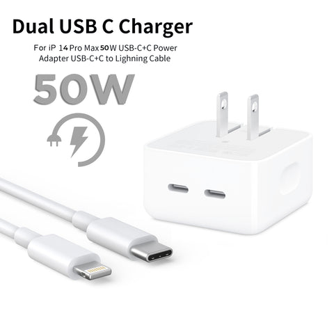 Iphone 14 Pro 2 Pin (Us Pin) 50w Usb-C+C Power Adapter With Usb-C To Lightining Cable